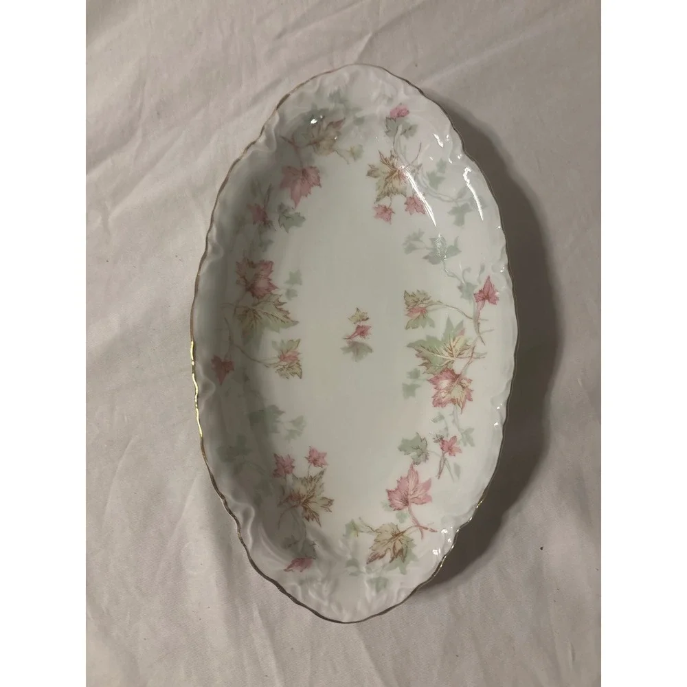 Hutschenreuther Selb Relish Dish Bavaria Pink Green Leaf Gold Trim 8.5